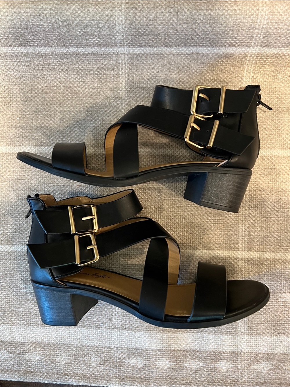 American Eagle by Payless Black Strappy Buckle Heeled Sandals - Picture 3 of 5